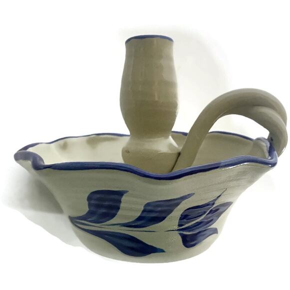 Williamsburg Pottery Finger Candle Holder Blue and Beige 5" Tall - Picture 11 of 12